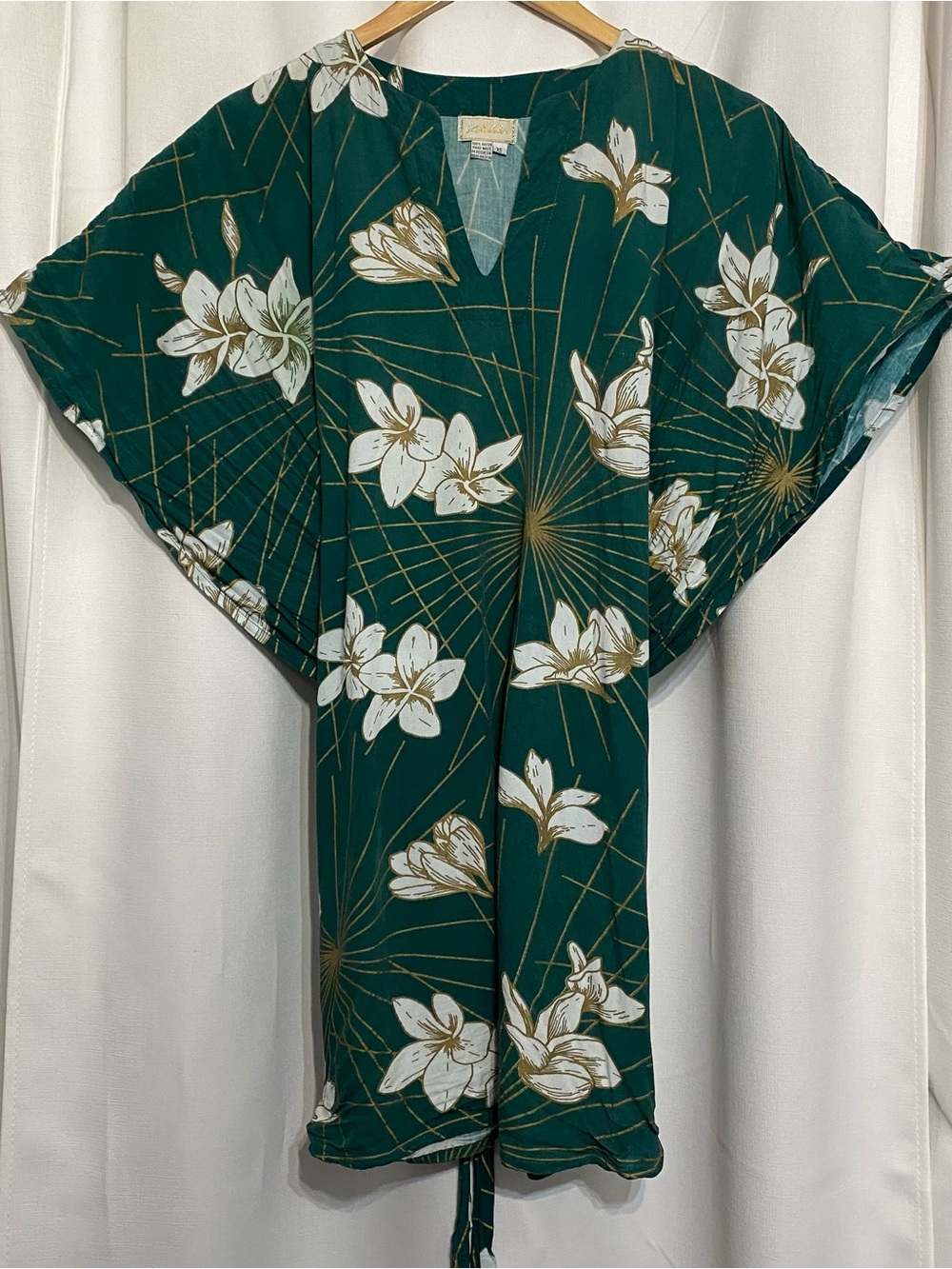 Kahulalea Women's Green Floral Print Dolman Sleeve Tunic Blouse Waist Tie Sz XS